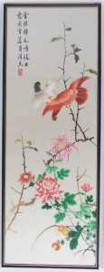Oriental School. Four silkwork pictures depicting birds among flowering branches, 96cm x 33cm,... - 4