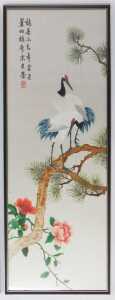 Oriental School. Four silkwork pictures depicting birds among flowering branches, 96cm x 33cm,... - 5