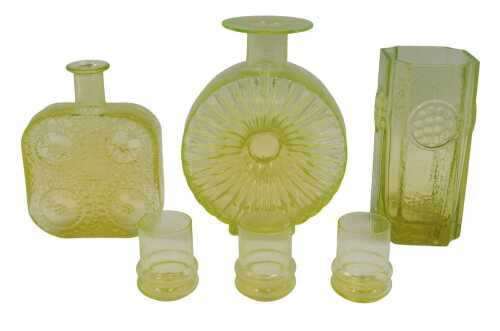 A group of Scandinavian neon yellow uranium glassware, comprising a Nanny Still for Riihimaen...