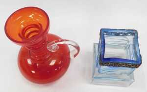 A Tamara Aladin for Riihimaen Lasi red glass ewer, with a ribbed column and compressed circular... - 2