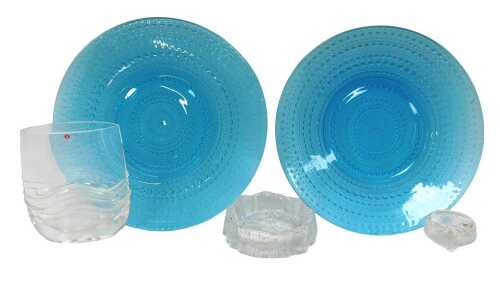 A group of Littali Scandinavian glassware, comprising a blue glass charger and bowl, decorated...