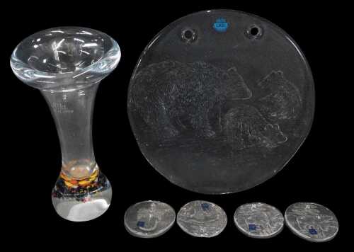 A group of Scandinavian glassware, comprising a Meri Lasi glass roundel impressed with a bear...