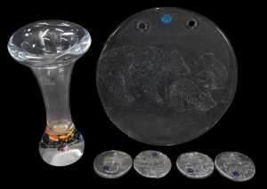 A group of Scandinavian glassware, comprising a Meri Lasi glass roundel impressed with a bear...