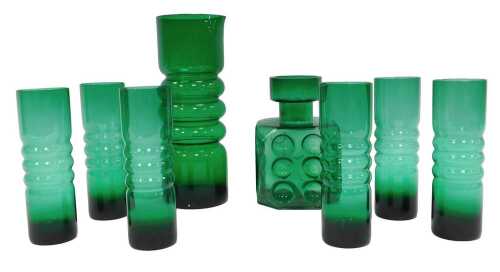 An Erkkitapio Sirroinen for Riihimaen Lasi green glass dice vase, 18cm high, together with a...