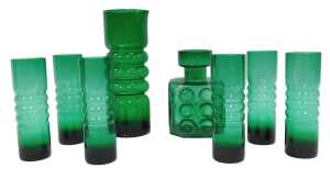 An Erkkitapio Sirroinen for Riihimaen Lasi green glass dice vase, 18cm high, together with a...