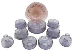 A group of Scandinavian coloured glassware, comprising a Riihimaen Lasi Unniko pink-tinted Kulho...