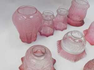 A group of Victorian and later cranberry glass oil lamp and other shades, predominantly etched... - 3