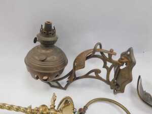 A group of brass and other oil lamp brackets, to include a brass example with a spirally turned... - 2