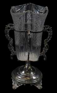 A Victorian silver plated and cut glass vase, the removable cut-glass central section within a...