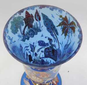 A 20thC Continental blue glass vase, of trumpet form, decorated in coloured enamels depicting... - 2