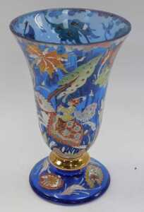 A 20thC Continental blue glass vase, of trumpet form, decorated in coloured enamels depicting... - 3