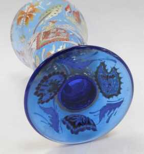 A 20thC Continental blue glass vase, of trumpet form, decorated in coloured enamels depicting... - 4
