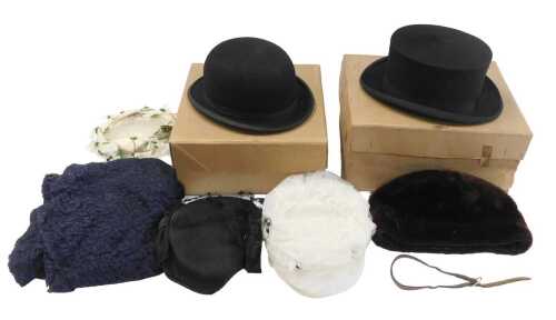 A Christy's of London black moleskin top hat, together with a black felt bowler hat, a brown fur...
