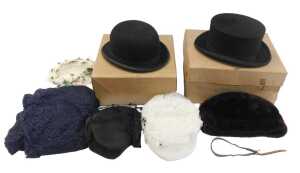 A Christy's of London black moleskin top hat, together with a black felt bowler hat, a brown fur...