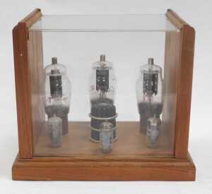 A teak and Perspex display case, containing various glass valves, 23.5cm high. - 2