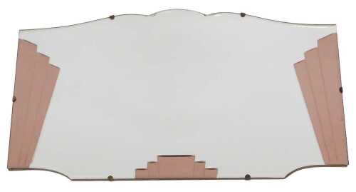 An Art Deco mirror, of rectangular form, with a shaped top and pink glass fan shaped panels to...