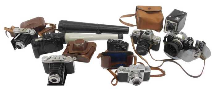 Cameras and optical related equipment, comprising a Fujifilm Instax 100, a Philips Explorer...