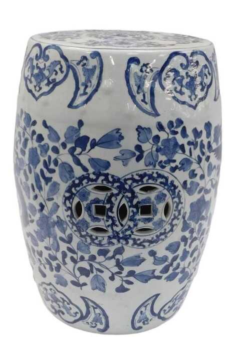A Chinese blue and white porcelain garden seat, of barrel form, decorated with dragons and...