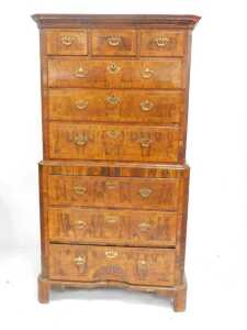 A George II walnut chest on chest, the upper section with canted moulded cornice above fluted... - 2