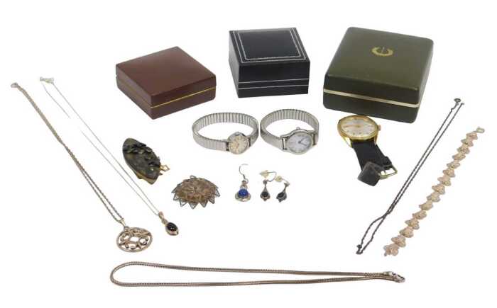 Silver and other costume jewellery, comprising silver filigree butterfly bracelet, 17cm long, a...