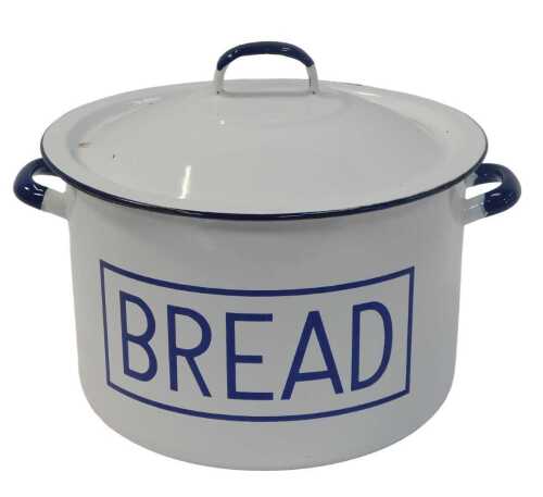 An enamelled twin-handled lidded bread bin, in white, with blue handles and lettering, 33cm...