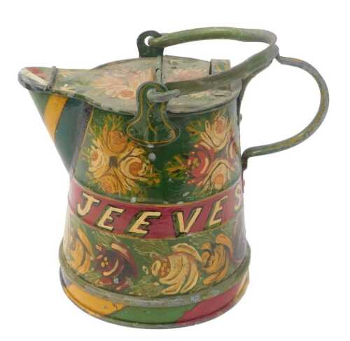 A Bargeware painted tin Buckby can, decorated with flowers against a green band and bearing the...