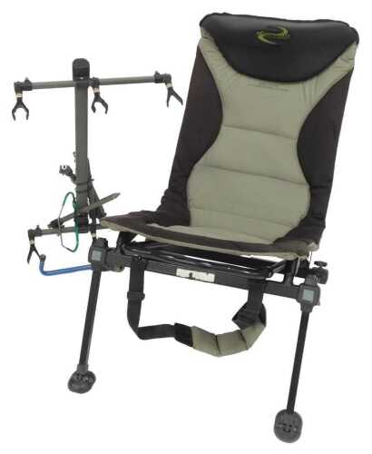 A Korum Deluxe fishing accessory chair, a three-rod goalpost-style rod pod, a feeder rod arm,...