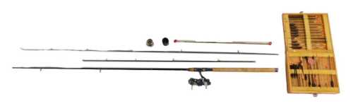 A Ron Thompson Spartan 12ft Avon Quiver 1.75lb, an Okuma Amazonian AMB30 reel, and a divider box...