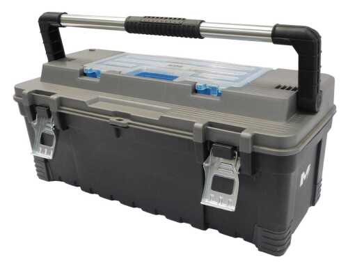 A Macallister black and grey 25" toolbox, with a Macallister divider box with an internal tool...