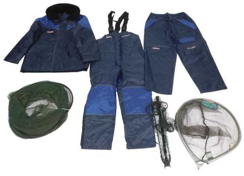 An Avanti three-piece fishing suit, size XL, a Middy Full Metal Jacket keep net, and a folding...