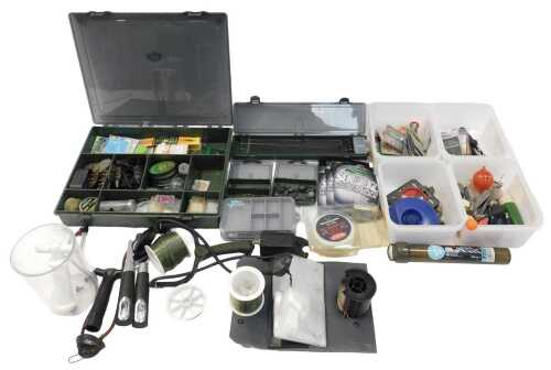 Various fishing tackle, including an Alani tackle box with method feeders, various hook links,...