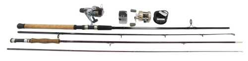 A Shimano Kutana fixed-spool reel, a Daiwa Triforce 802MS spinning rod, a three-piece fly rod, a...