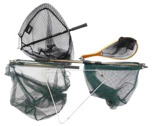 An Orvis landing net, two Shakespeare folding landing nets, and an Airflow folding landing net. (4)