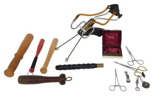 Various fly-fishing accessories, including priests, forceps, a Barnett Diablo catapult, etc. (1...