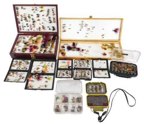 Various fly-fishing flies, in various cases, including a Wychwood View Finder fly case, a...