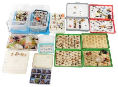 Various flies, including nymphs, a Fox box of flies, etc. (1 tray)
