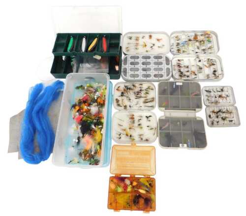 Various flies and lures, in cases, including a Richard Wheatley of England fly case, a Okuma fly...