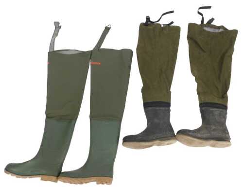 A pair of Masterline size 12 thigh-high waders, and a pair of Orvis size 12 thigh-high waders. (2)