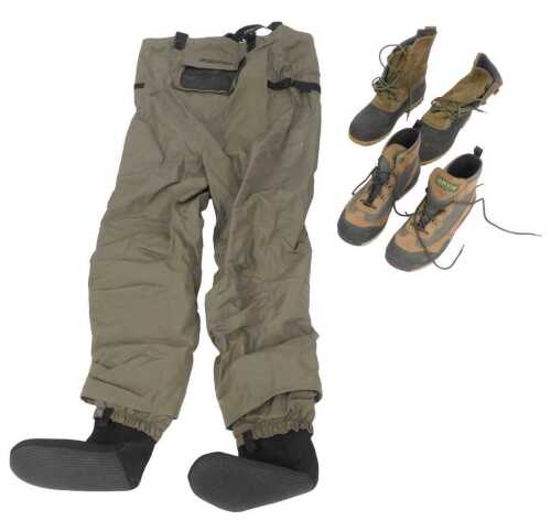 A set of Scierra waders, a pair of Orvis size 12 boots, and a pair of Skee-Tex size 11 boots. (a...