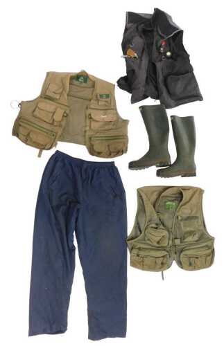 A pair of Le Chameau size 10 Wellington boots, a Mountain Life fly jacket, an Orvis fly vest...