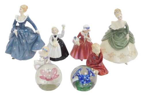 A group of Royal Doulton porcelain figures, comprising Fragrance HN2334, Soiree HN2312, This...