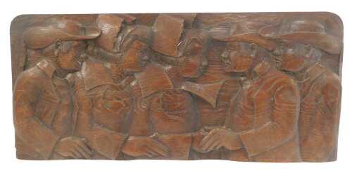 A carved oak figural panel, depicting two female figures and three male figures, in provincial...