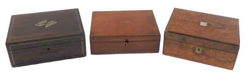 A 19thC rosewood workbox, with metal banding and mother-of-pearl inlay, 30cm wide, together with...