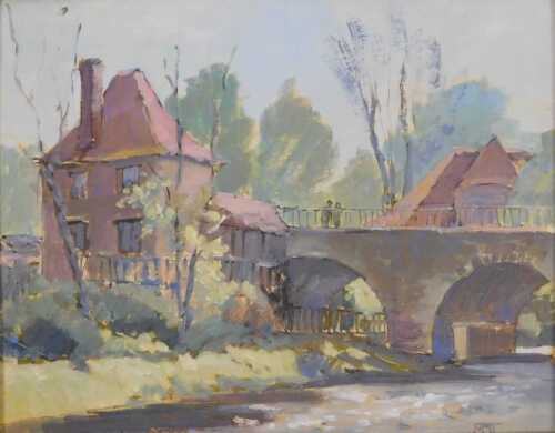 Mo Teeuw (Contemporary). Figures on a bridge, oil on board, initialled MDT, 19cm x 24cm.