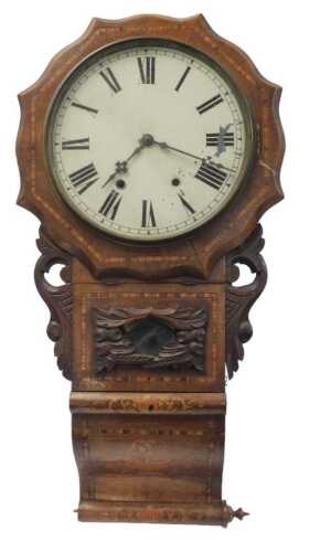 A late Victorian walnut and inlaid drop dial wall clock, with a circular off-white painted dial...