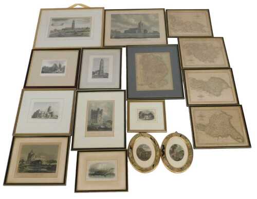 19thC and later engravings, including a map of Lincolnshire, a study of the north-east view of...