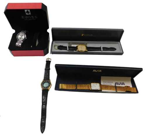 Four assorted wristwatches, to include an Avia, Lorus and Swiss Collection, each plated, with...