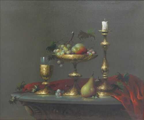 Jozsef Molnar (b.1939). Still life depicting fruit in a brass pedestal bowl beside a brass...