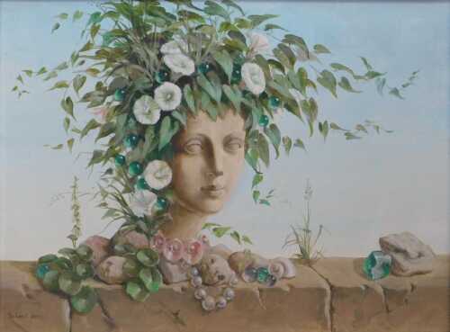 Deborah Jones (1921-2012). A surrealist work depicting a female bust sprouting flowers, oil on...