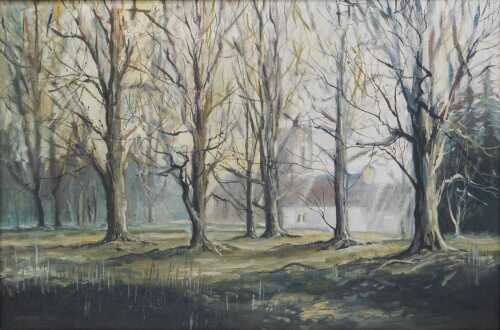 Spencer (?). Treescape before church, oil on canvas, indistinctly signed, 50cm x 76cm.
